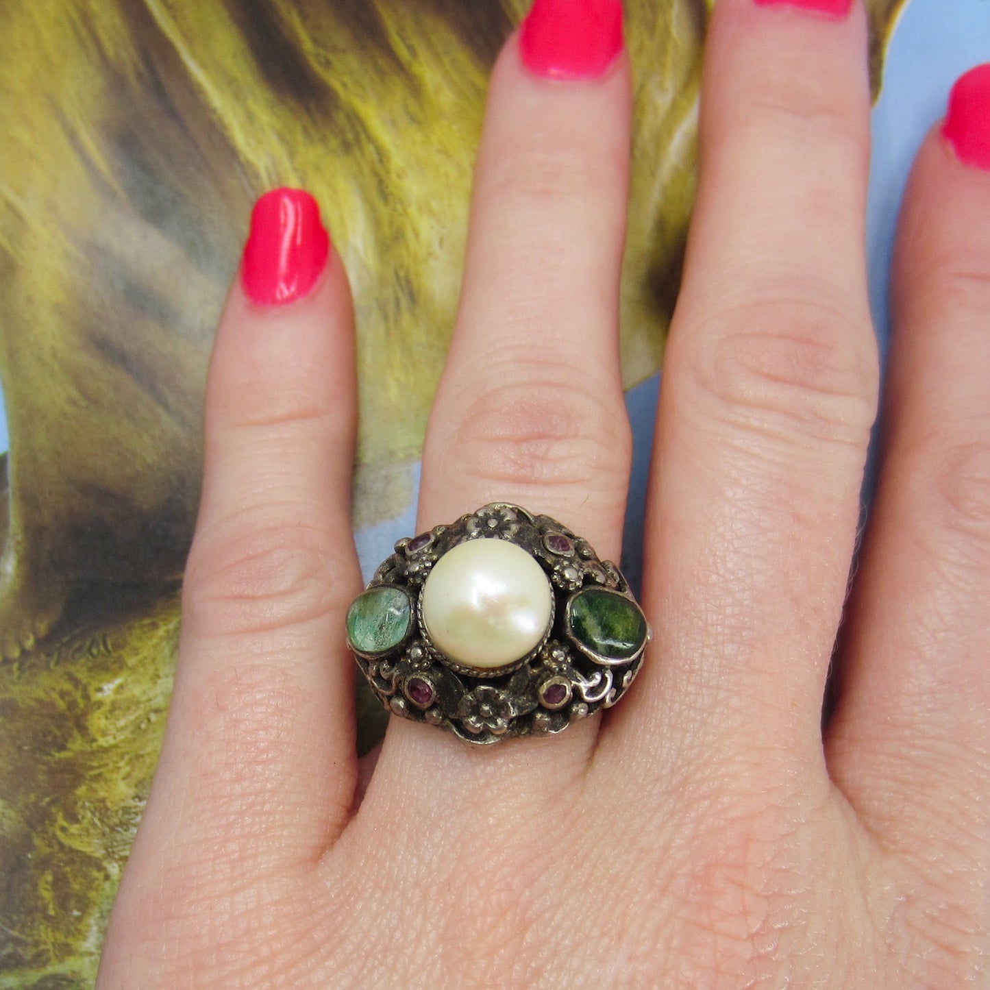 Vintage Renaissance Revival Pearl, Beryl and Garnet Ring Sterling, c. 1930