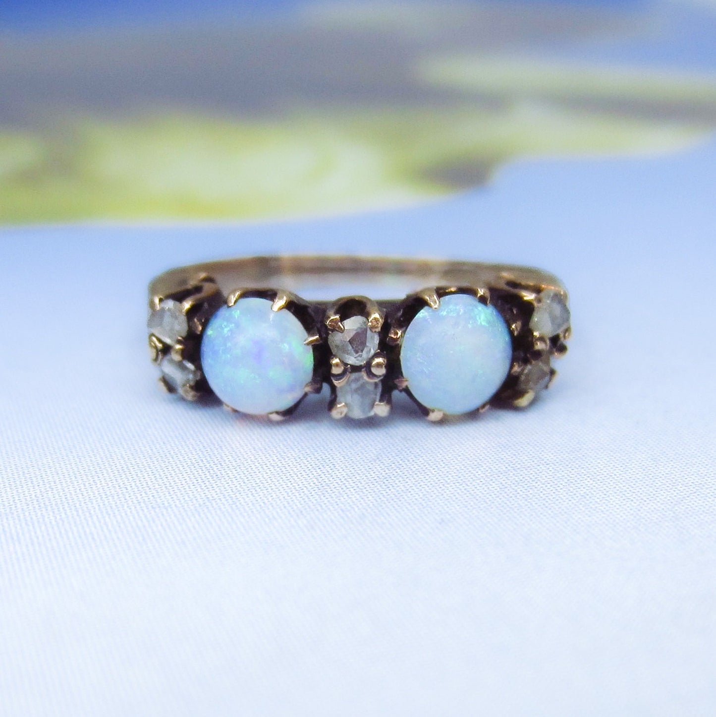 SOLD-Victorian Opal and Rose Cut Diamond Ring 14k c. 1890