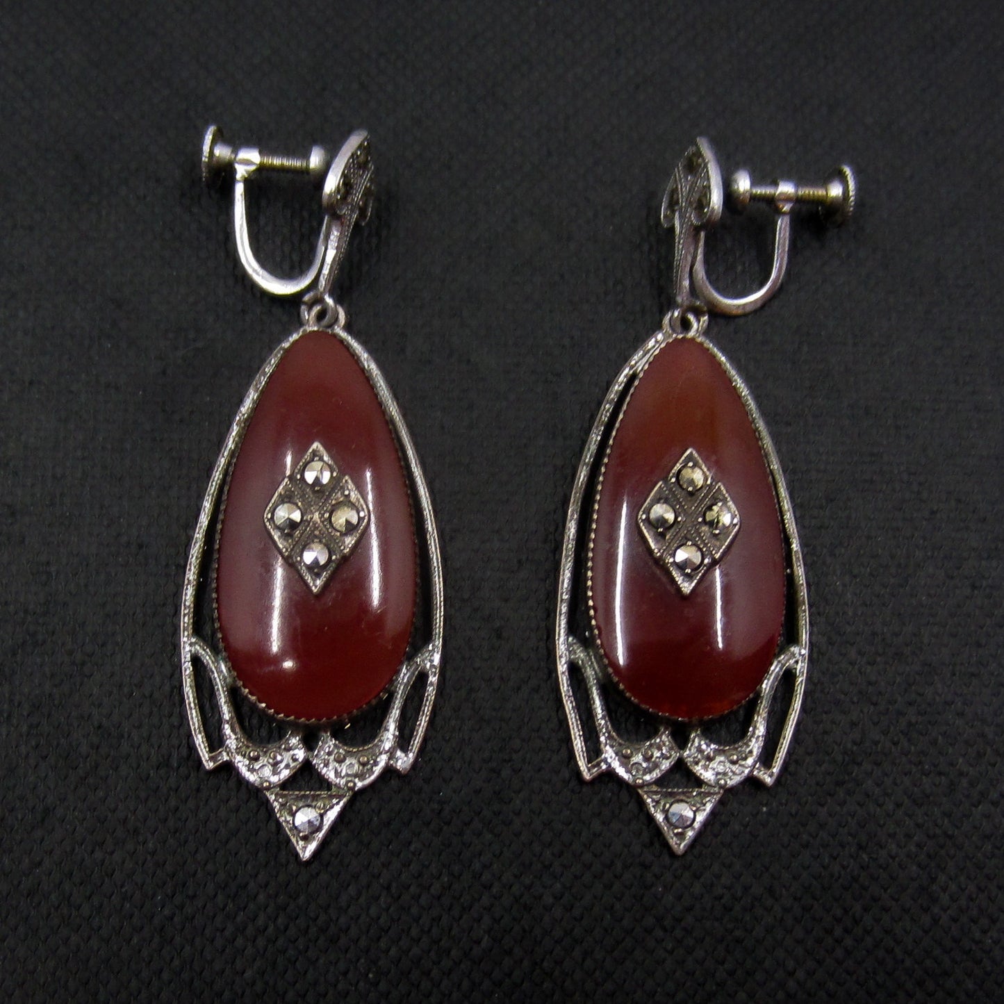 Art Deco Marcasite and Carnelian Drop Earrings Sterling c. 1920