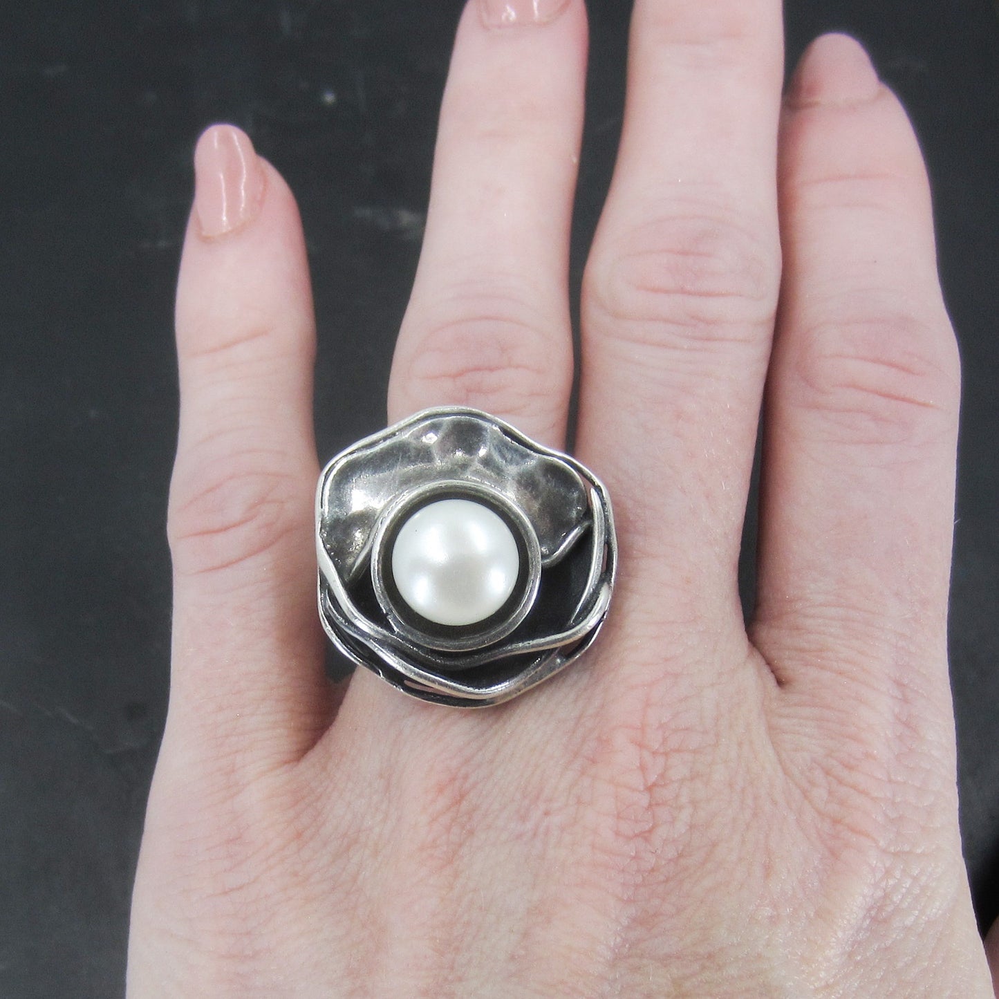 SOLD--Modernist Pearl Ring Sterling Silver c. 1970