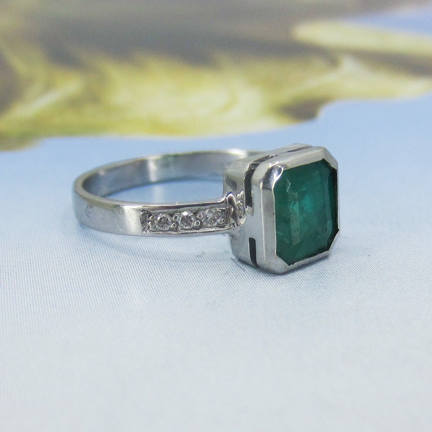 SOLD-Vintage Bezel Set Emerald and Diamond Ring 18k c. 1990