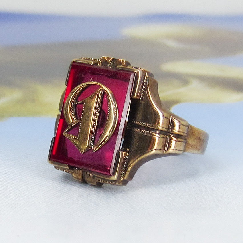 Art Déco Synthetic Ruby “D” Initial Signet Ring 10k c. 1920