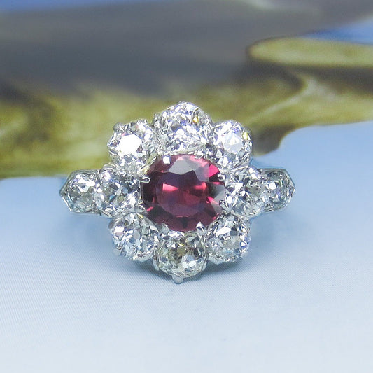 SOLD--Beautiful Edwardian Ruby and Old Mine Diamond Cluster Ring 14k/Plat c. 1900