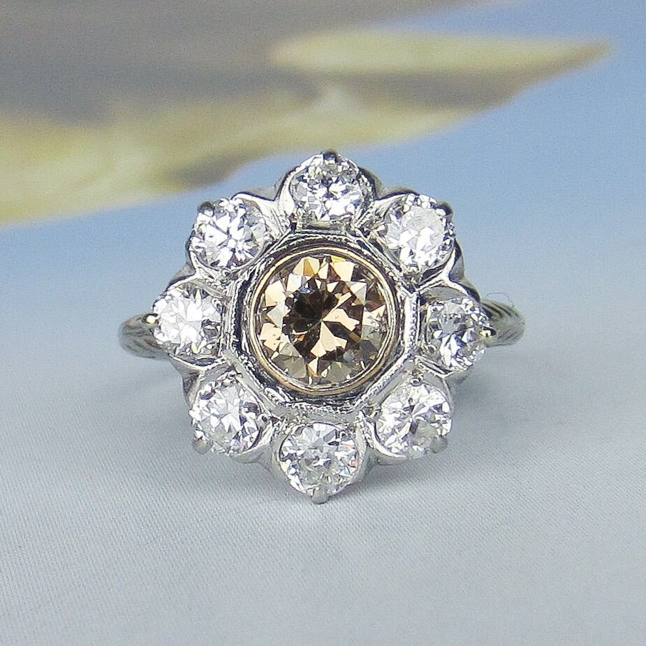 SOLD--Art Deco Old Cut Diamond 1.85ctw Cluster Ring 14k c. 1940