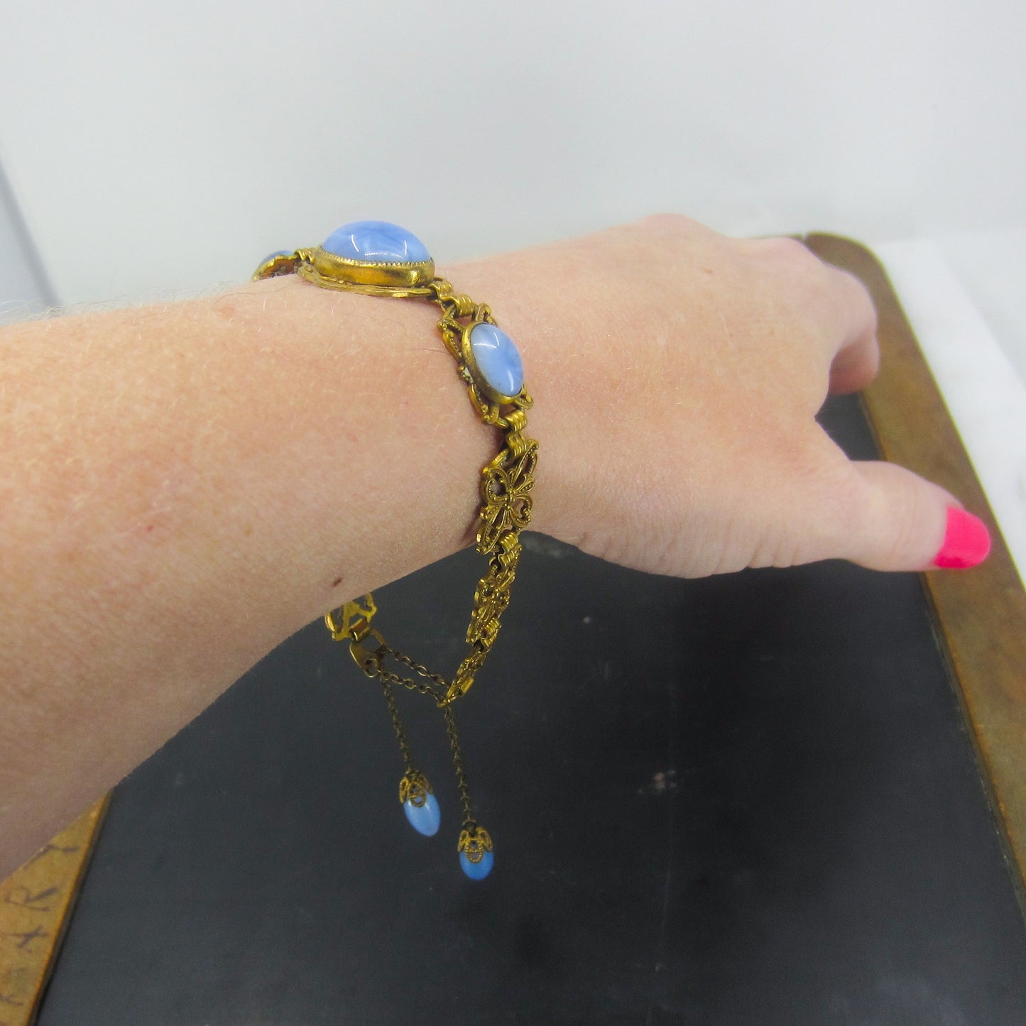 SOLD-Art Deco Glass Drop Bracelet Brass c. 1930