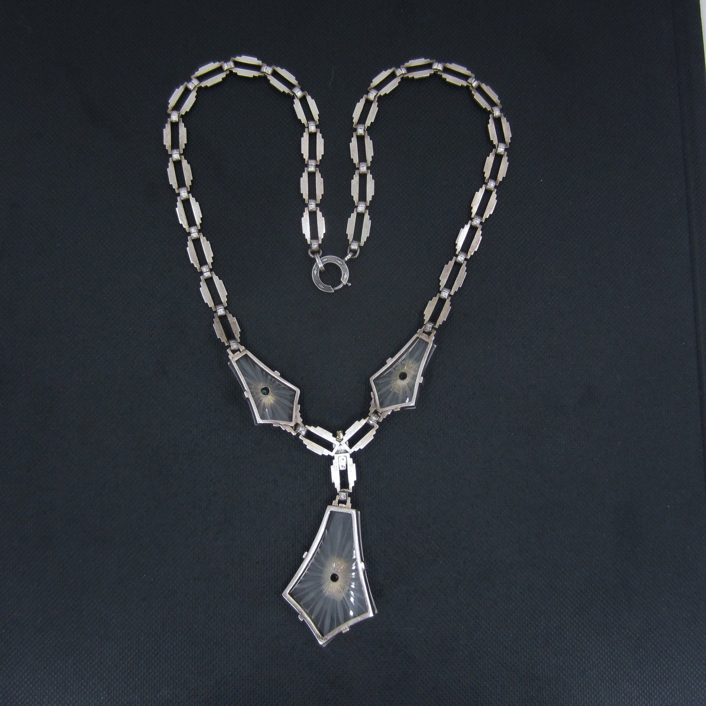 SOLD--Art Deco Pyrite and Carved Rock Crystal Necklace Sterling c. 1930