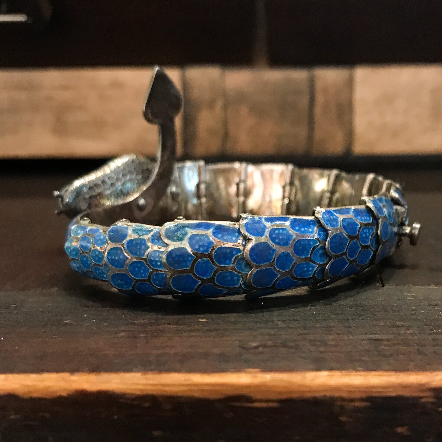 SOLD--Mid-Century Enamel Snake Bracelet Sterling, Taxco c. 1970