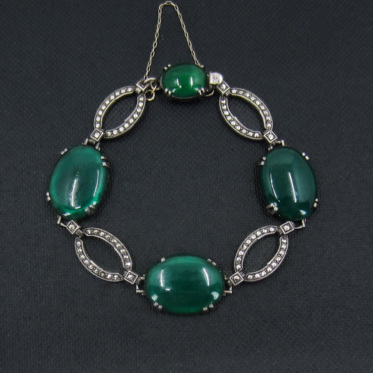 SOLD--Art Deco Green Chalcedony and Marcasite Bracelet Sterling c. 1930