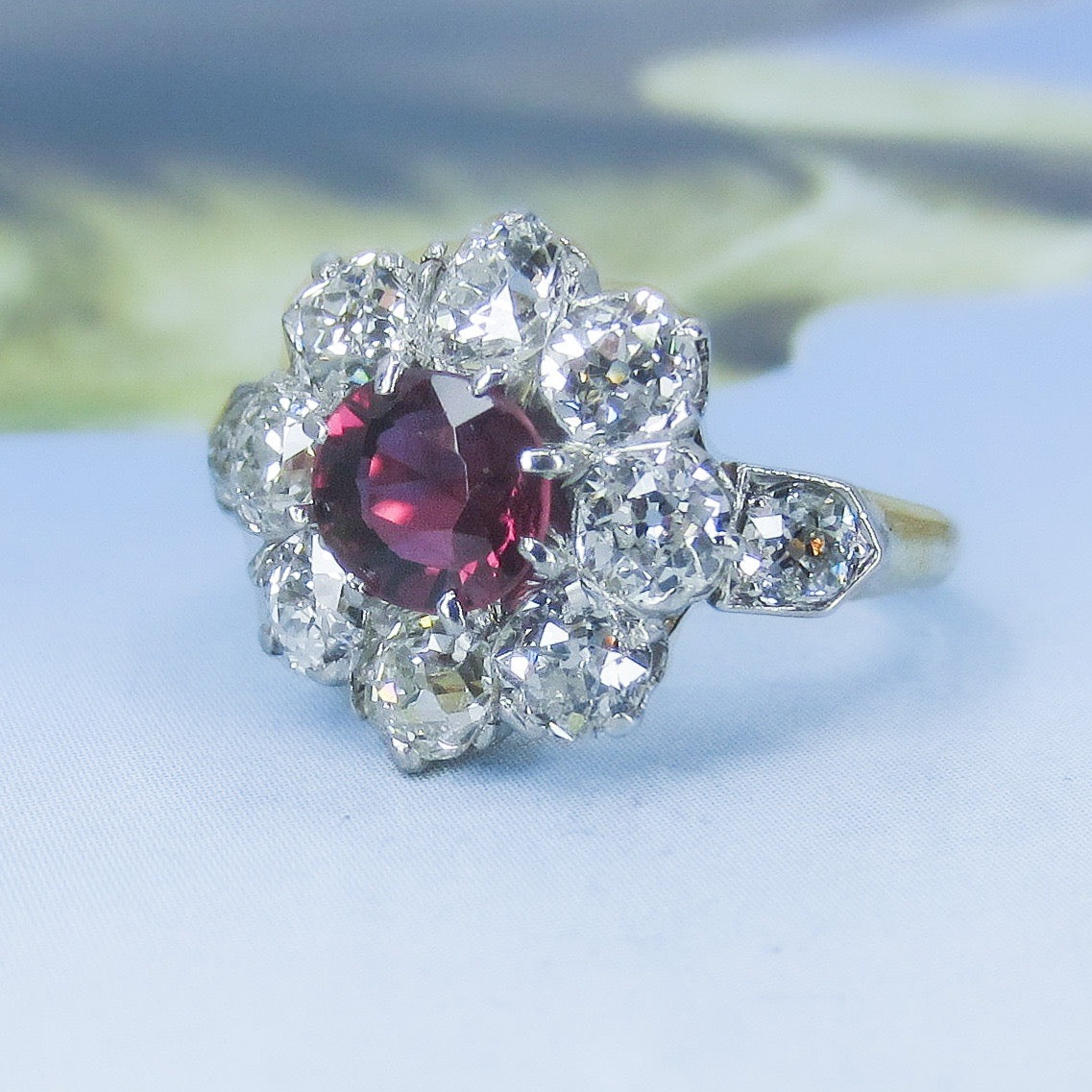 SOLD--Beautiful Edwardian Ruby and Old Mine Diamond Cluster Ring 14k/Plat c. 1900