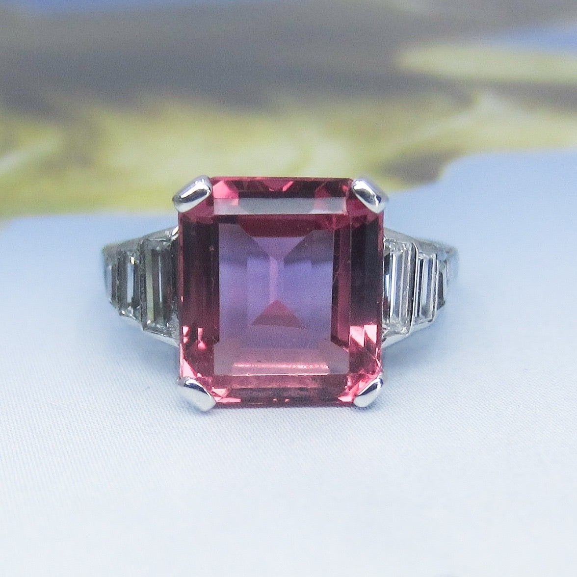 Vintage Pink Tourmaline and Baguette Diamond Ring Platinum c. 1980