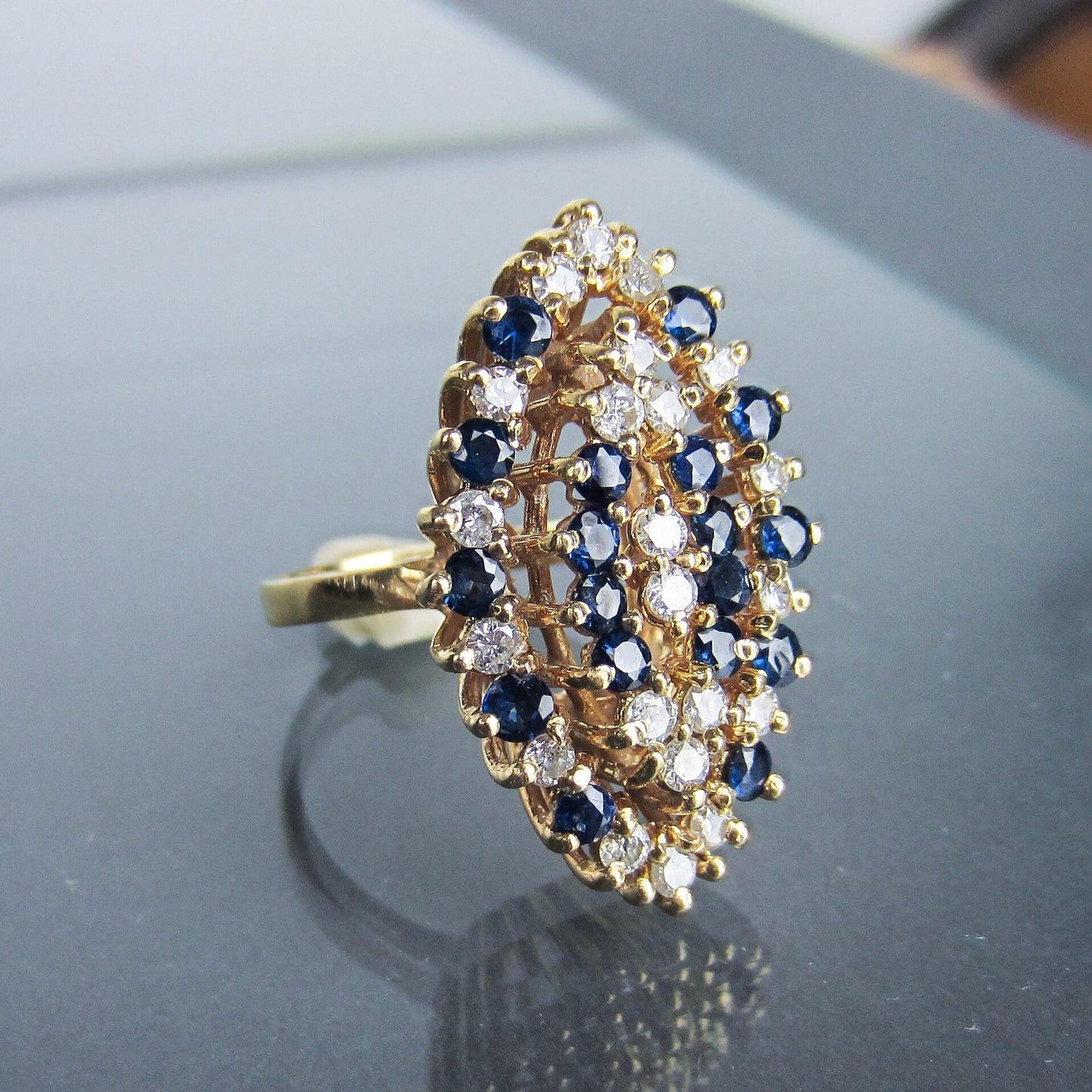 SOLD--GIANT Mid-Century Diamond and Sapphire Navette Cocktail Ring 14k c. 1960