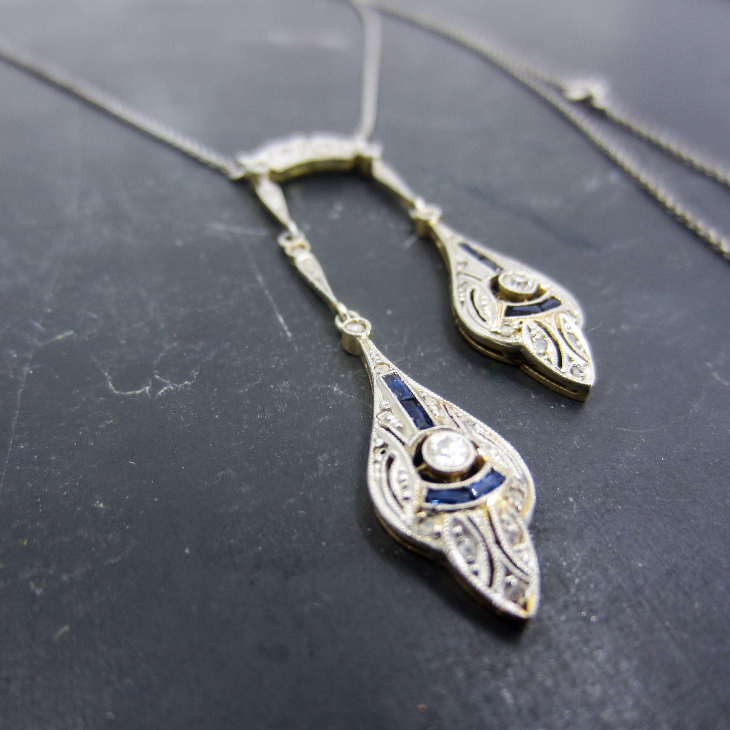 SOLD-Art Deco Diamond and Sapphire Negligee Necklace Plat/14k c. 1930