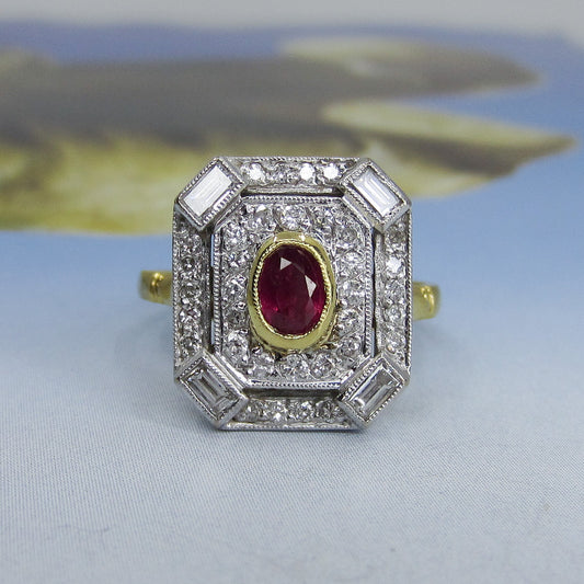 SOLD--Vintage Ruby and Diamond Ring 18k, British c. 1988