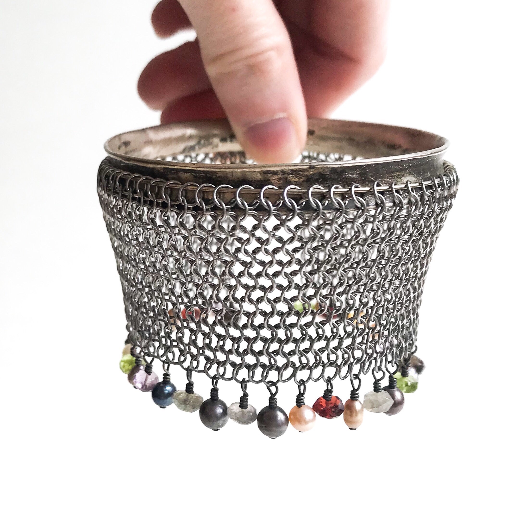 VTG popular 1990’s Sterling Silver Semi-precious Stones Cuff Bracelet