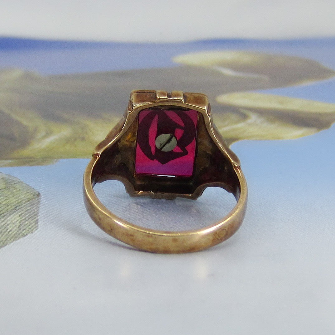 SOLD--Art Déco Synthetic Ruby “D” Initial Signet Ring 10k c. 1920