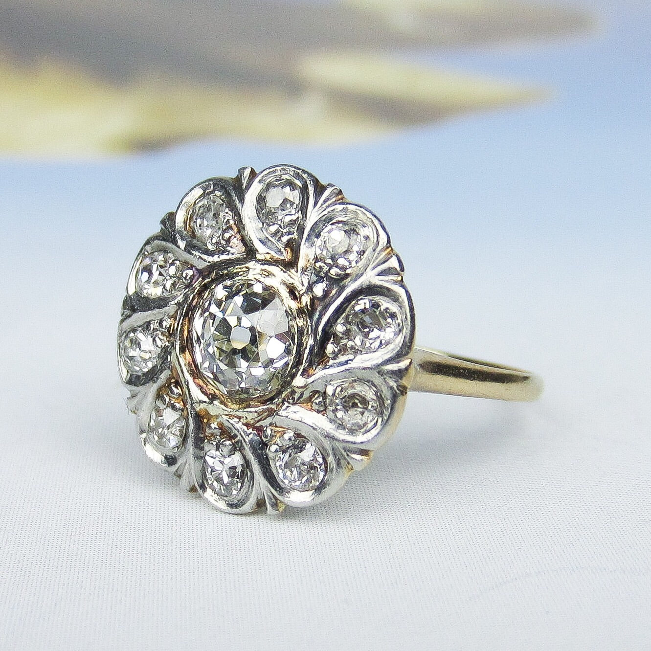 SOLD--Edwardian Old Mine Diamond Cluster Ring Platinum/14k c. 1910