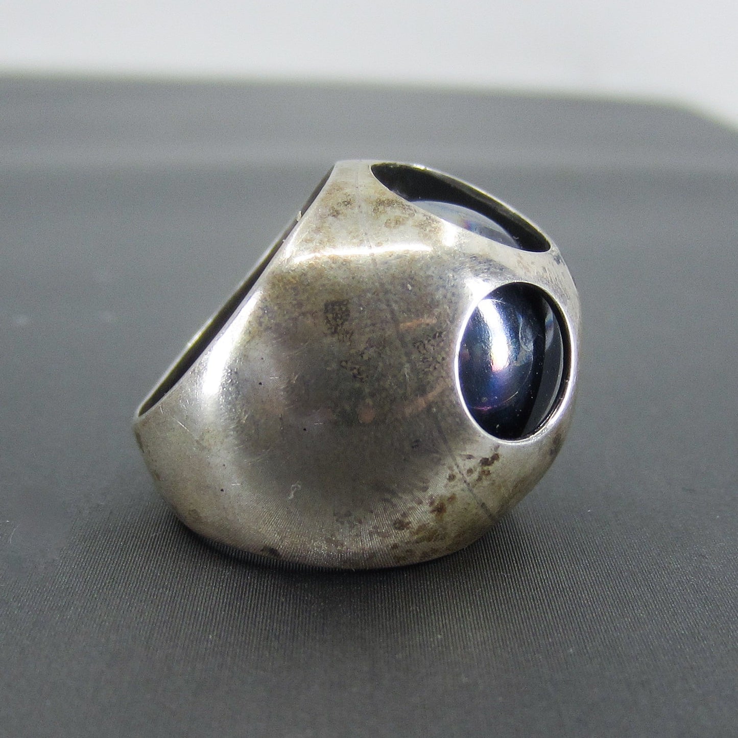 SOLD--Very Cool Post-Modern Hematite Dome Ring Sterling, Poland c. 1990
