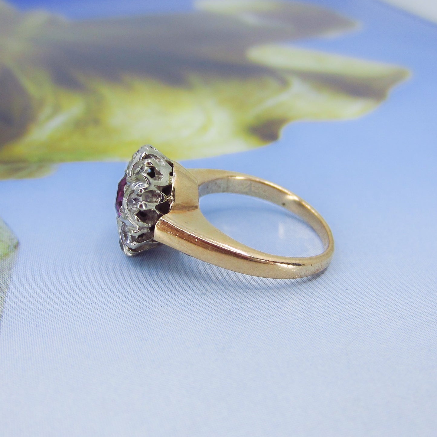 SOLD Art Deco Garnet and Diamond Cluster Ring 14k c. 1920