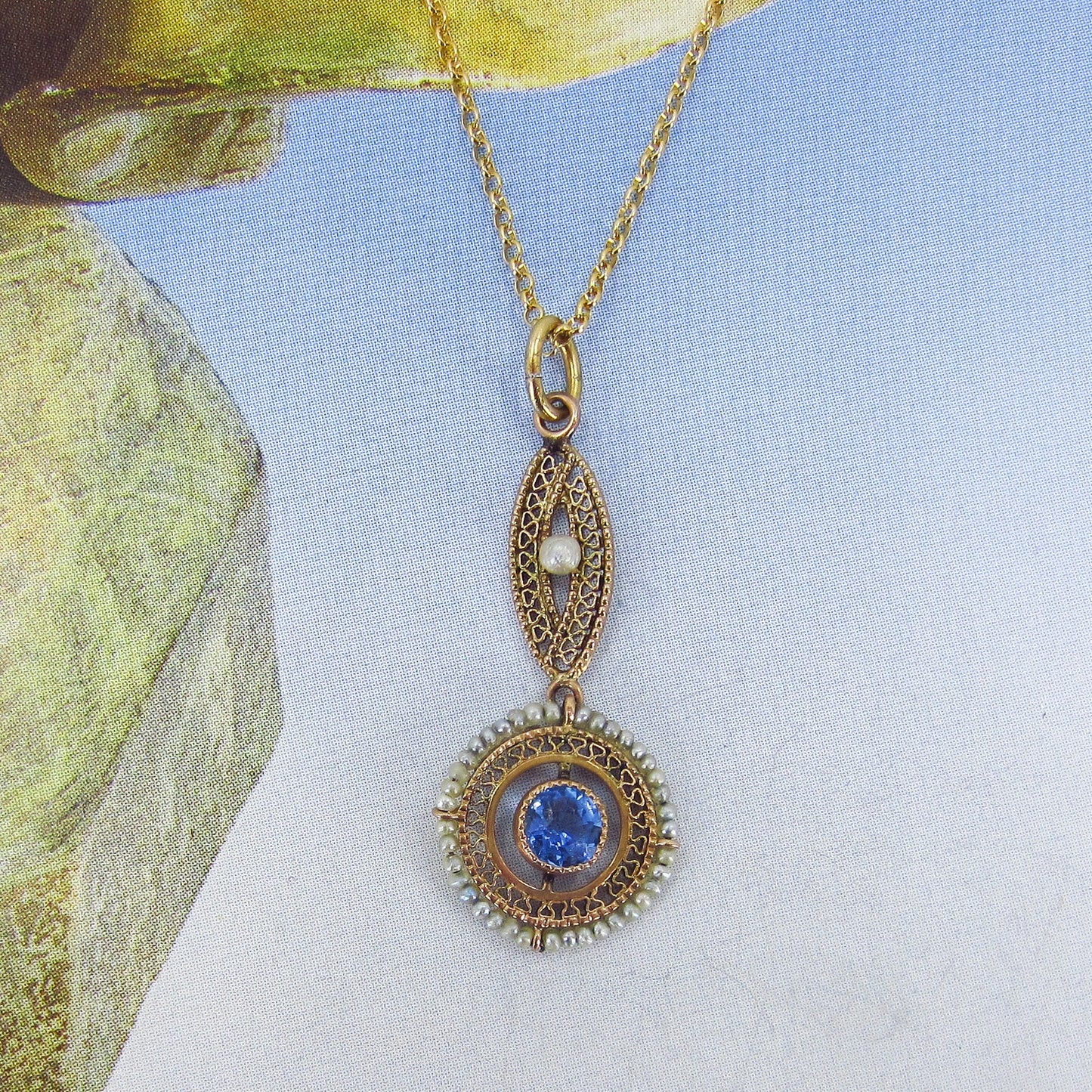 SOLD-Edwardian Seed Pearl and Blue Glass Pendant 10k c. 1910