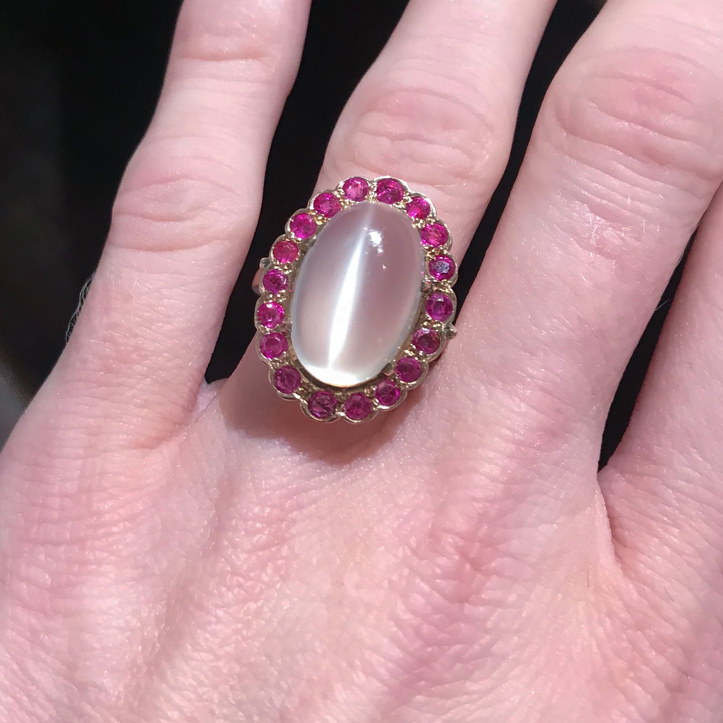 SOLD—Retro Moonstone and Ruby Ring 14k c. 1940