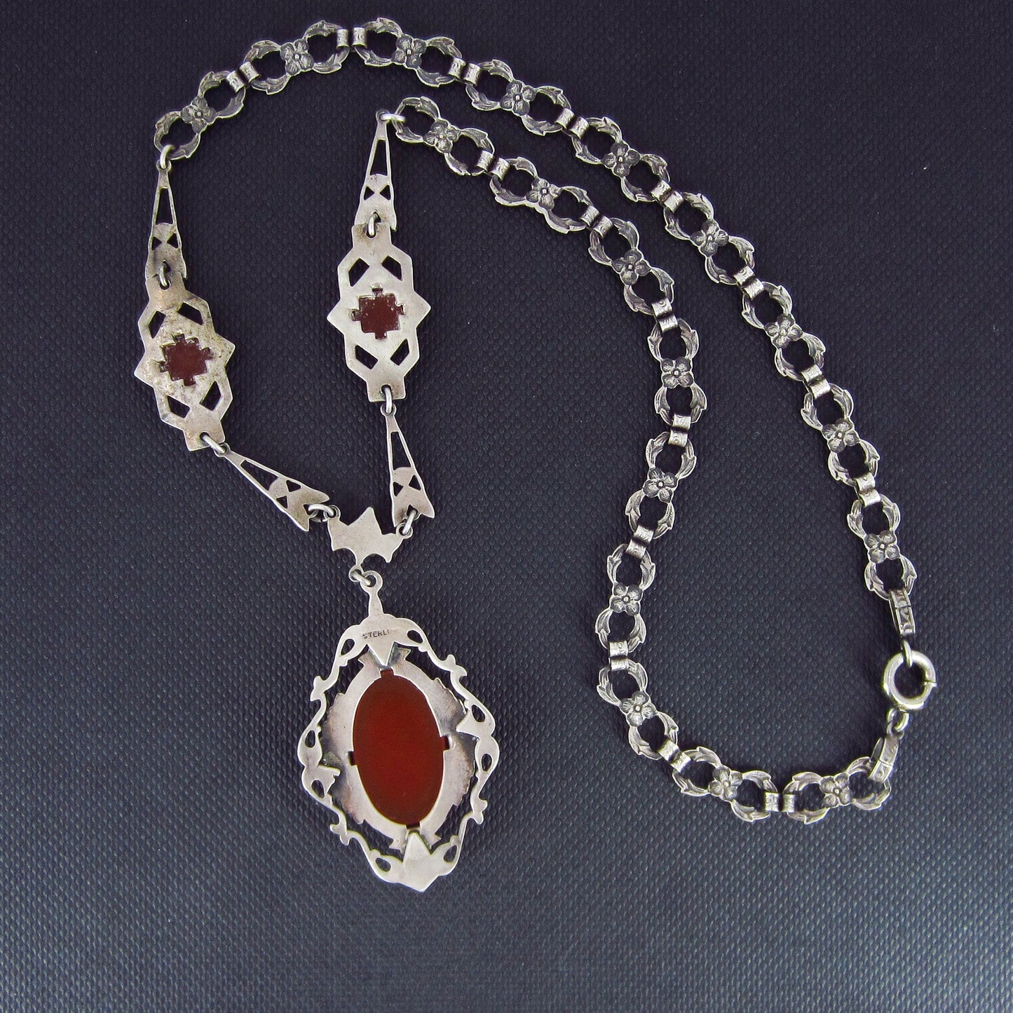 SOLD--Art Deco Carnelian and Marcasite Necklace Sterling c. 1930