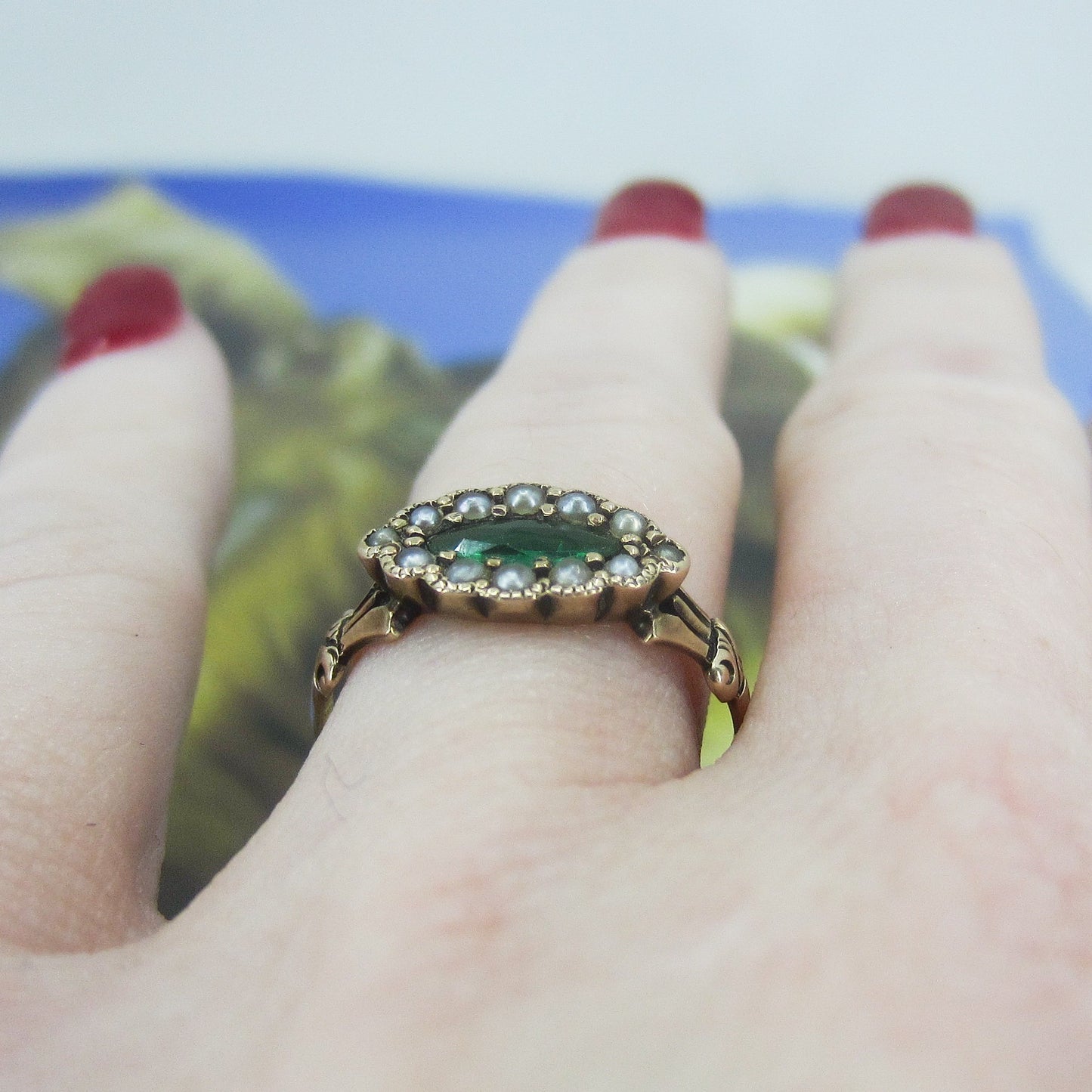 SOLD Victorian Green Glass and Seed Pearl Ring 14k c. 1880