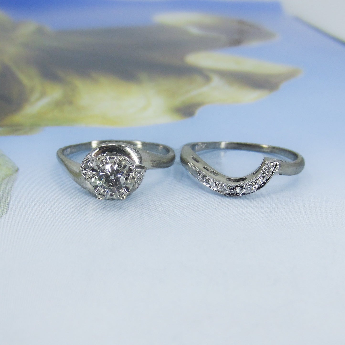 SOLD—MidCentury Diamond Engagement Ring and Wedding Band Set 14k c. 1950
