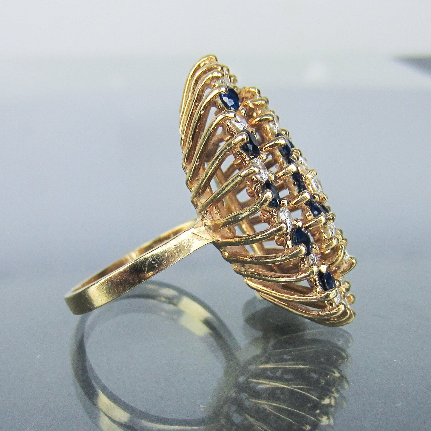 SOLD--GIANT Mid-Century Diamond and Sapphire Navette Cocktail Ring 14k c. 1960