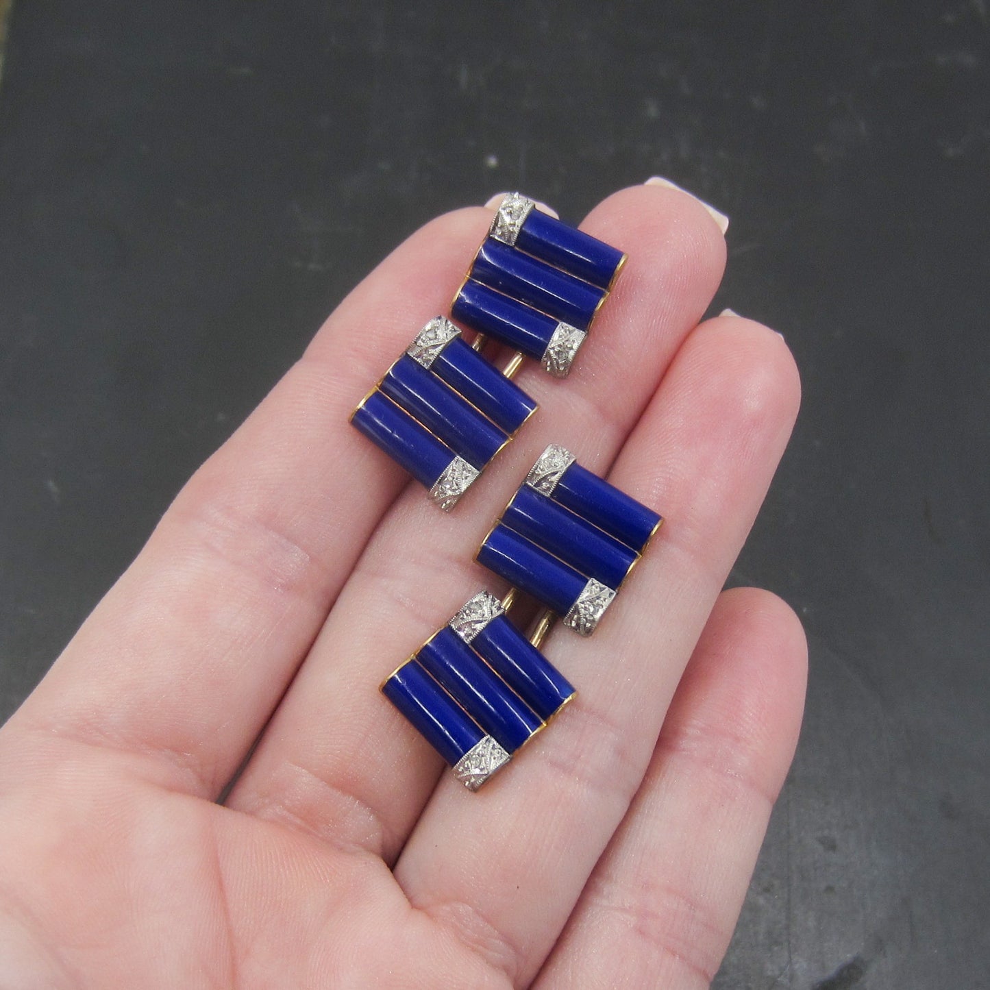 SOLD-Gorgeous Art Deco Lapis and Diamond Cufflinks 18k/Platinum c. 1930