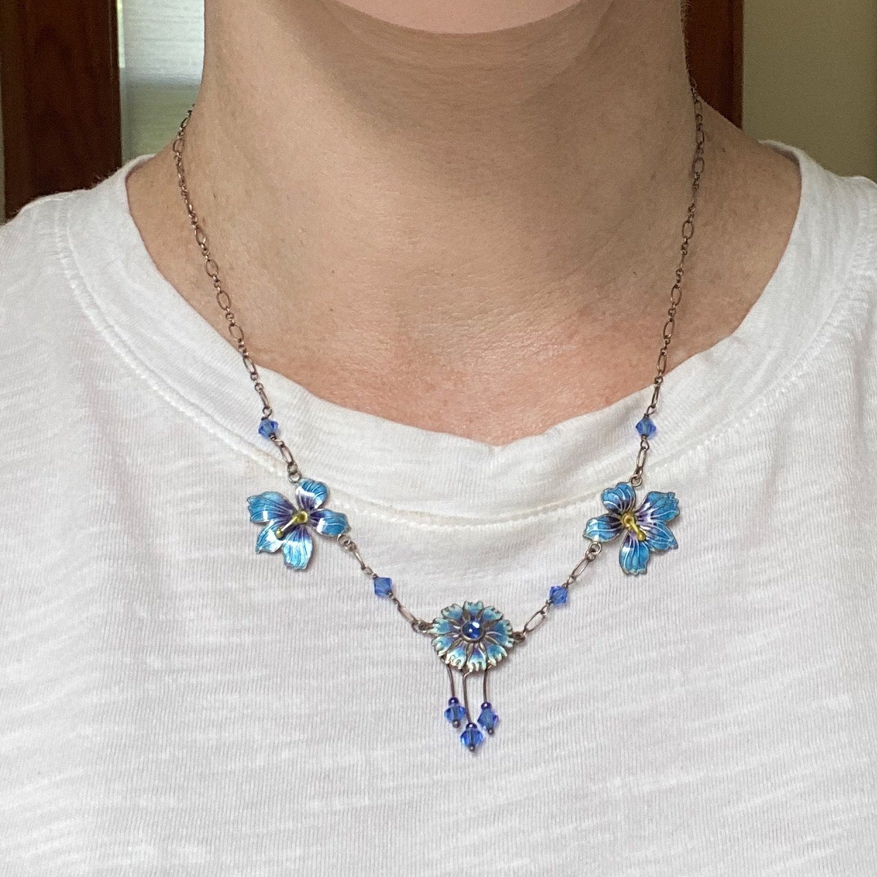 SOLD--Vintage Blue Enamel Flower Necklace Sterling, Scandinavian c. 1970