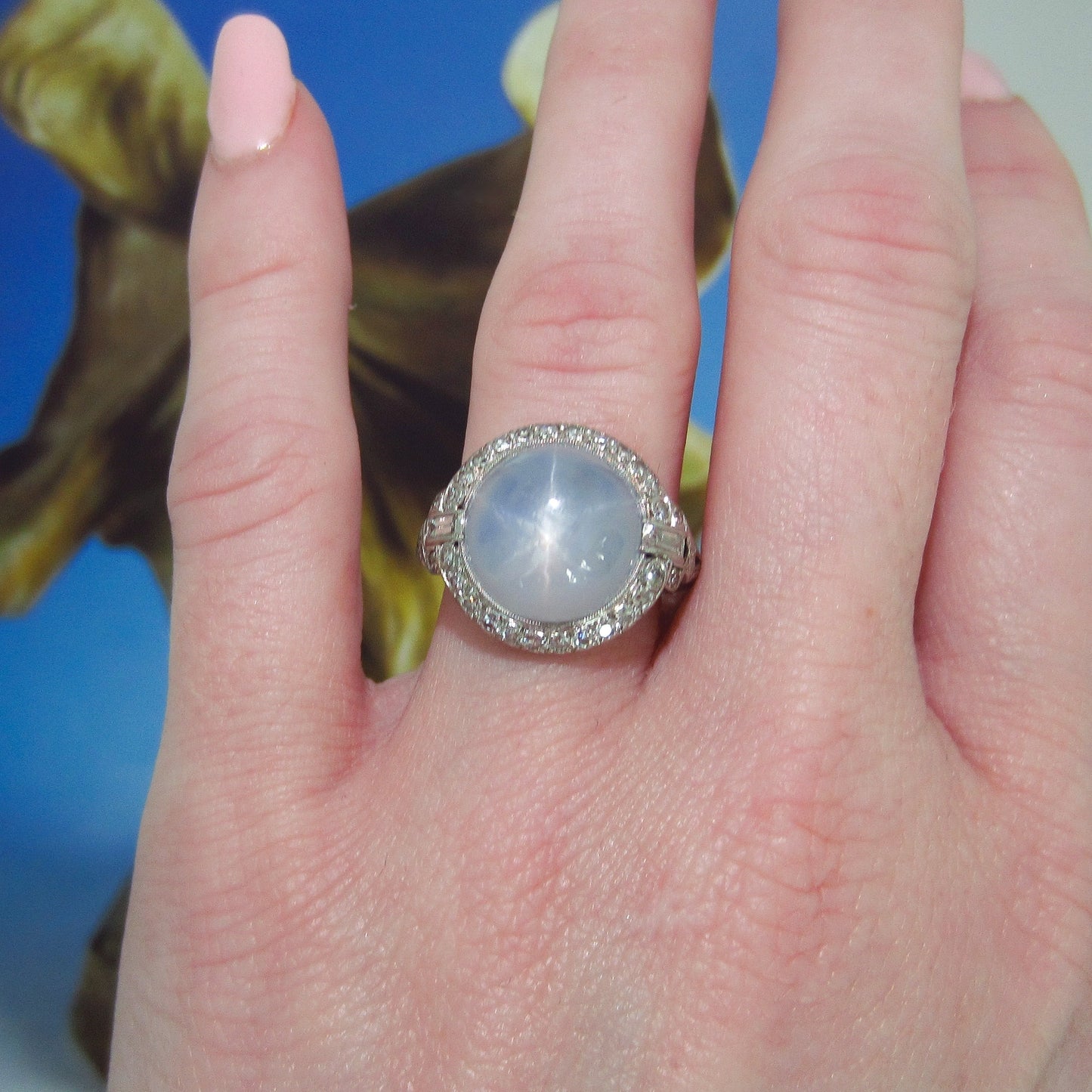 SOLD-Art Deco Star Sapphire and Diamond Ring Platinum c. 1930