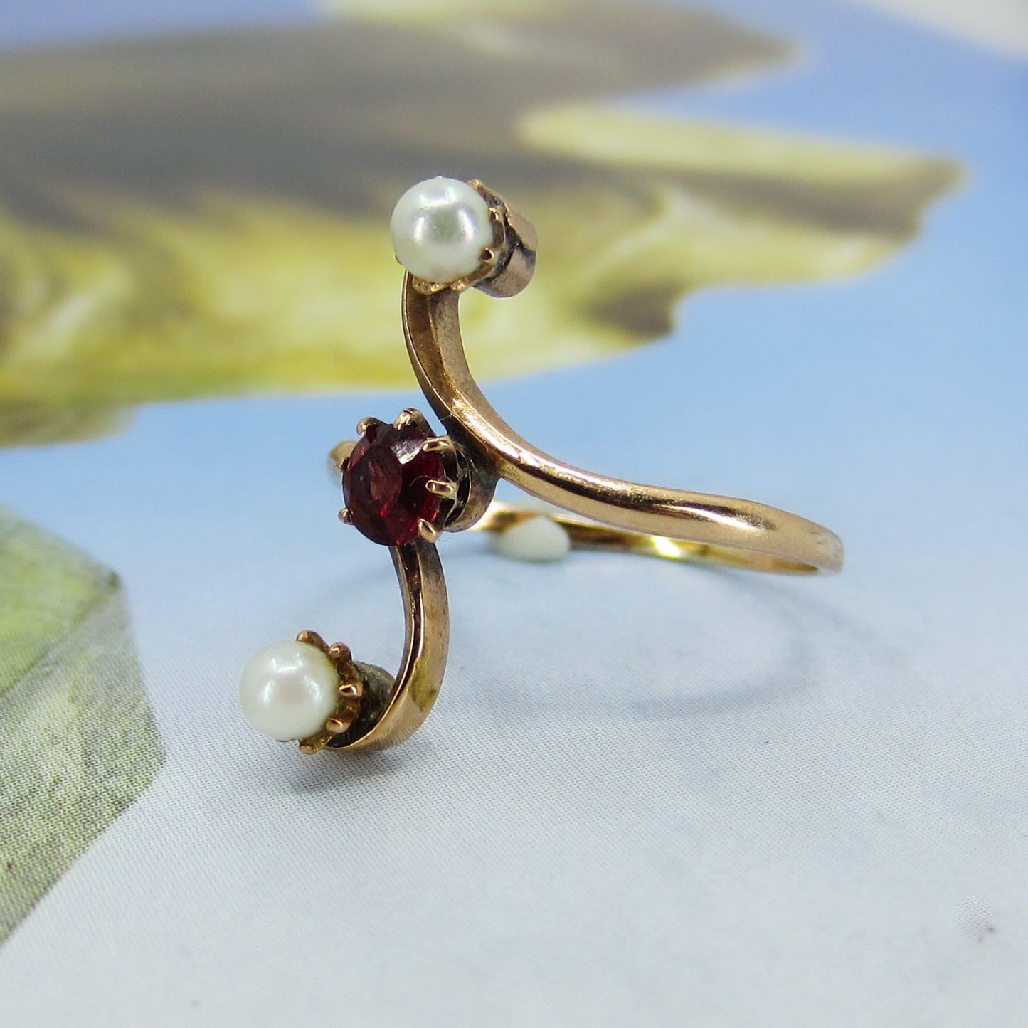 Edwardian Pearl and Garnet Bypass Ring 14k c. 1900