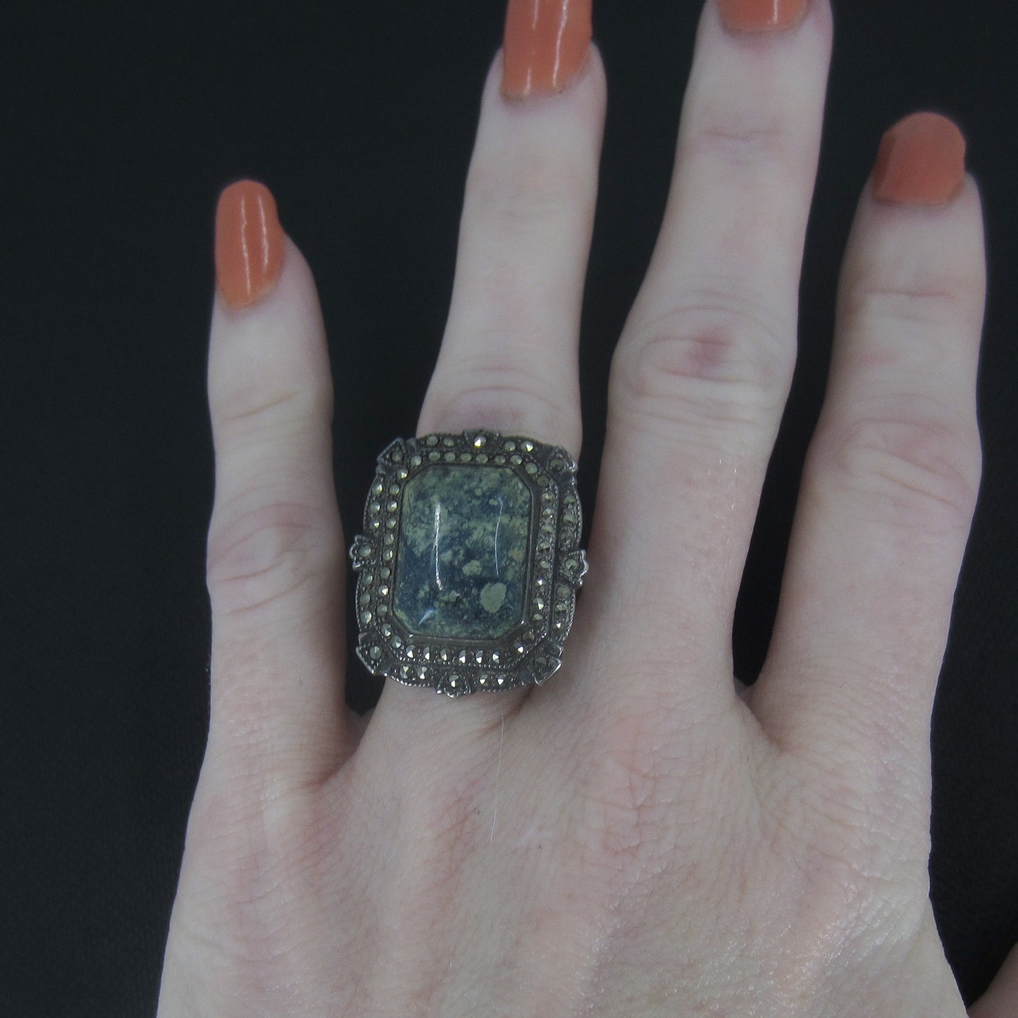 SOLD-Art Deco Blue Jasper and Marcasite Ring Sterling c. 1930