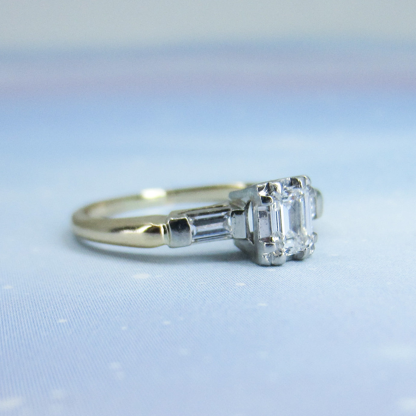 SOLD--Vintage Emerald Cut Diamond Engagement Ring Plat/14k c. 1940