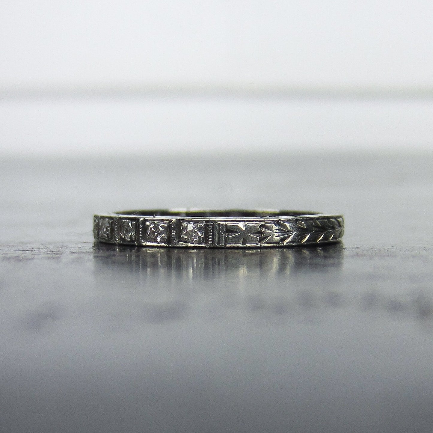 SOLD--Art Deco Five Diamond Engraved Band 18k c. 1930