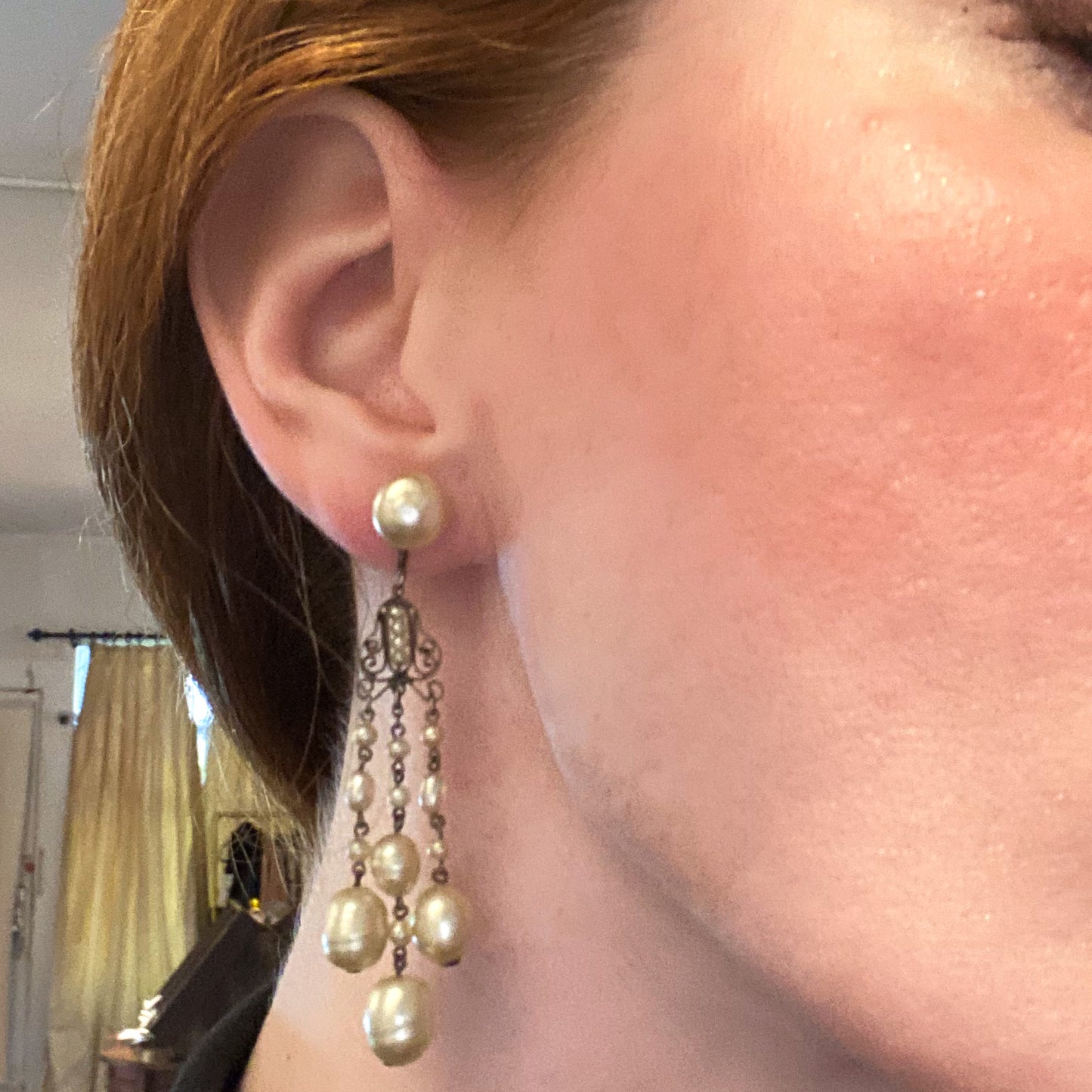 SOLD--Art Deco Long Faux Pearl Chandelier Earring Brass/Sterling c. 1930