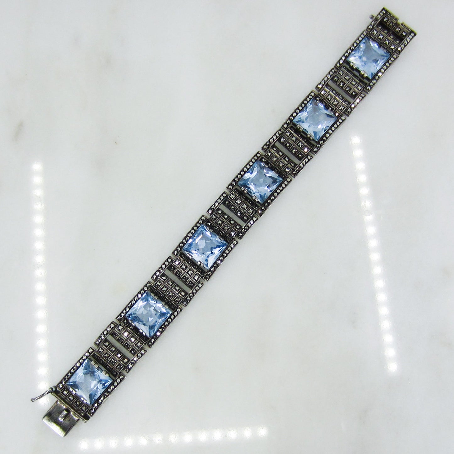 SOLD-Art Deco Theodor Fahrner Syn Blue Spinel and Marcasite Bracelet Sterling Silver, Germany c. 1940