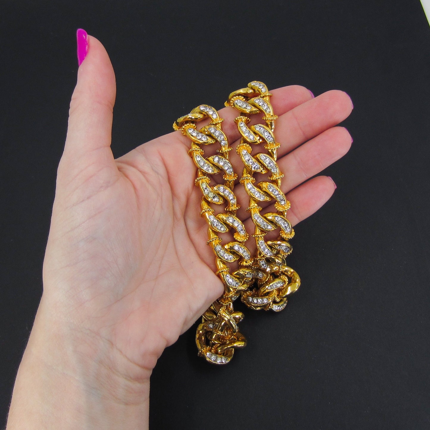 SOLD--Vintage Massive KJL Crystal Curb Link Chain Gold Plate c 1960’s