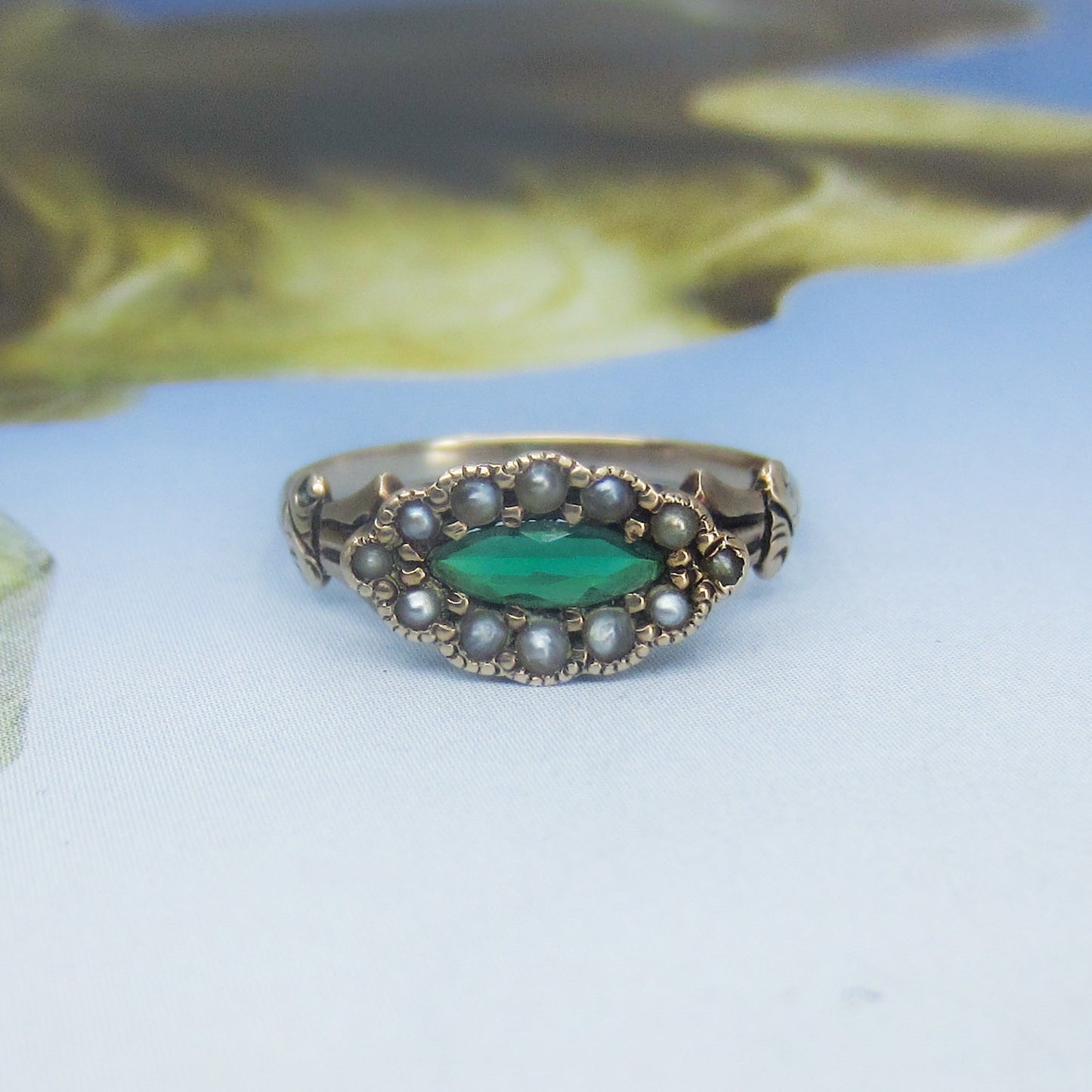 SOLD Victorian Green Glass and Seed Pearl Ring 14k c. 1880