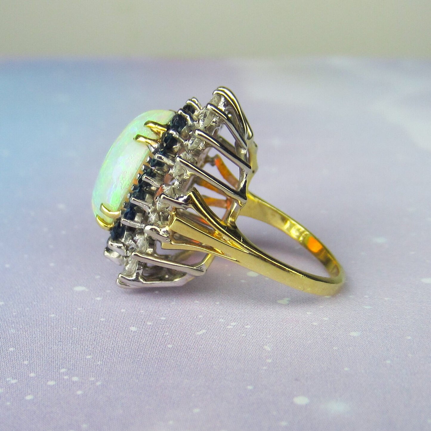 SOLD--Fabulous Mid-Century Opal, Diamond and Sapphire Ring 18k c. 1960