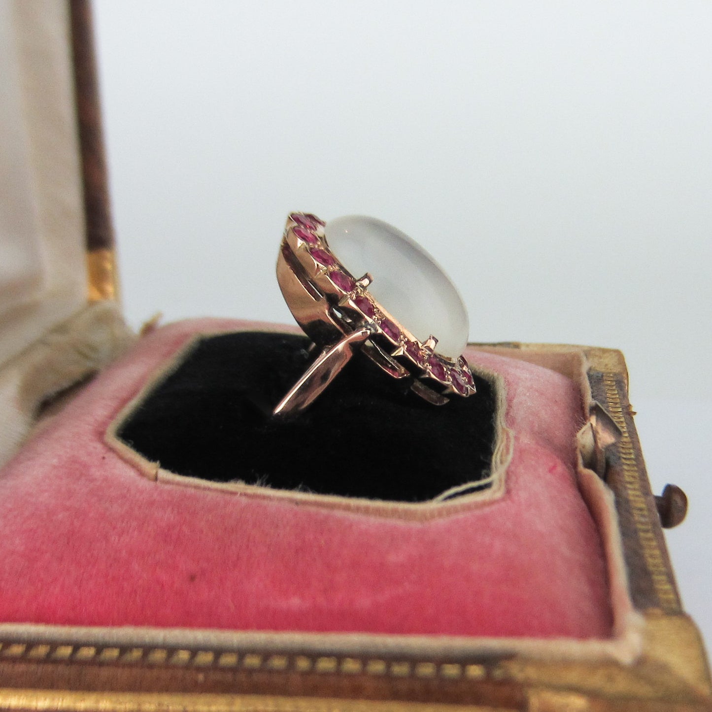 SOLD—Retro Moonstone and Ruby Ring 14k c. 1940