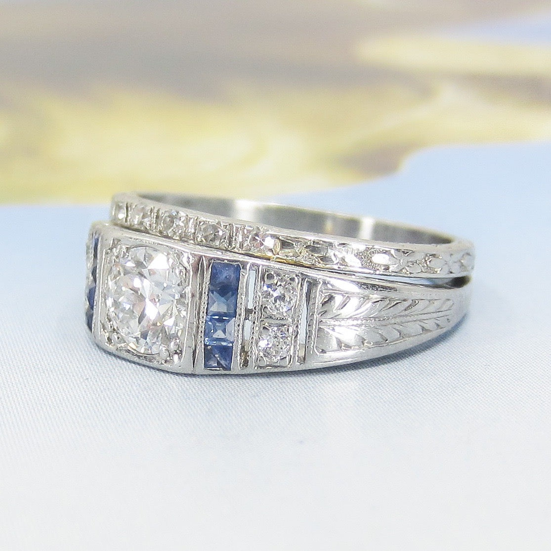 SOLD-Art Deco Old European Diamond .41ct and Sapphire Wedding Set Platinum c. 1927