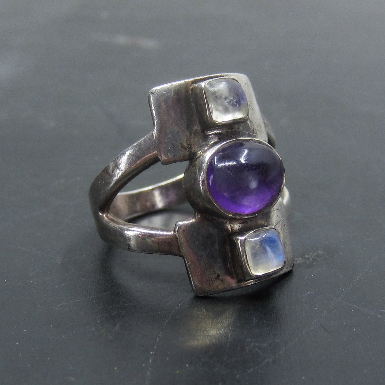 SOLD--Post-Modern Amethyst and Moonstone Ring Sterling c. 1990