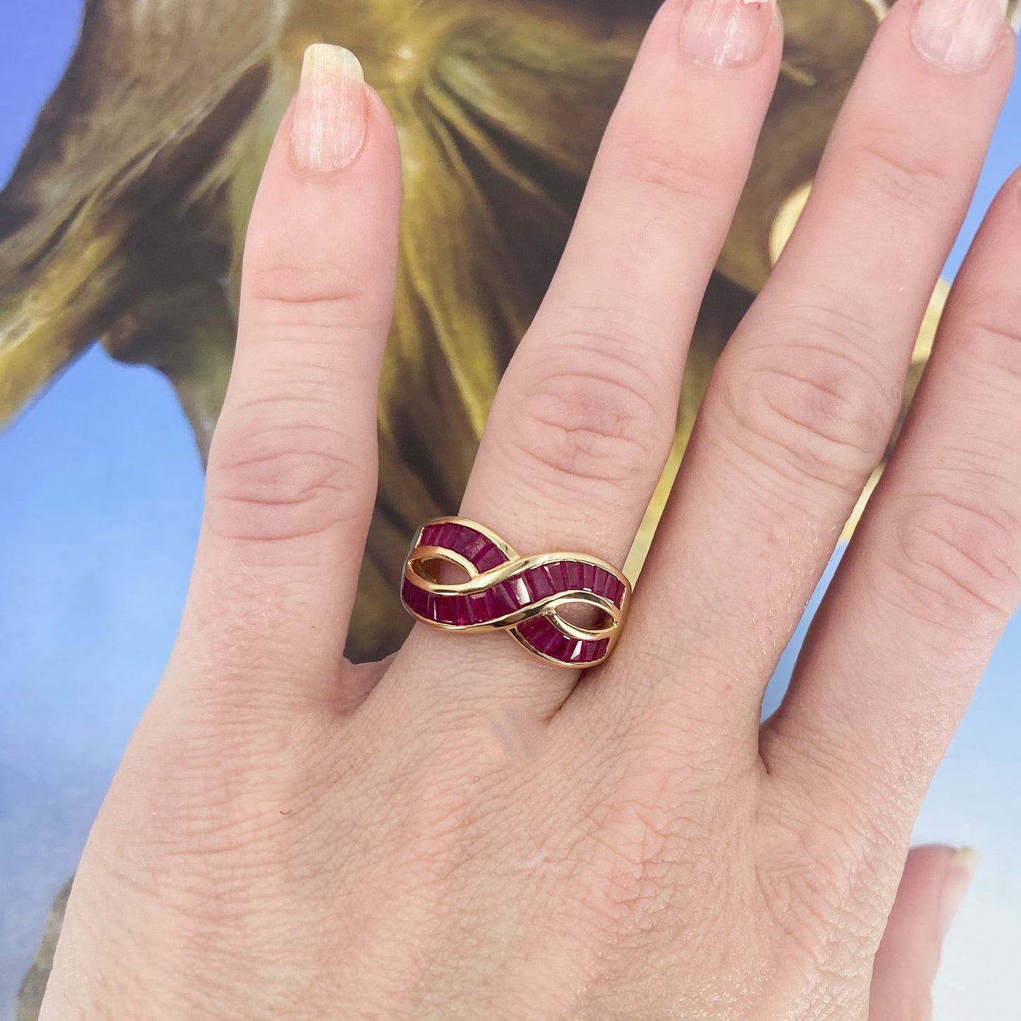 SOLD--Vintage 90’s Ruby Baguette Infinity Ring 14k c. 1995