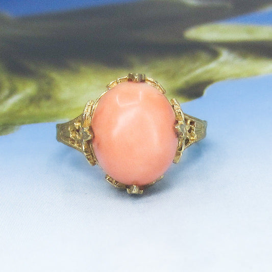 SOLD-Art Deco Coral Filigree Ring 14k c. 1930