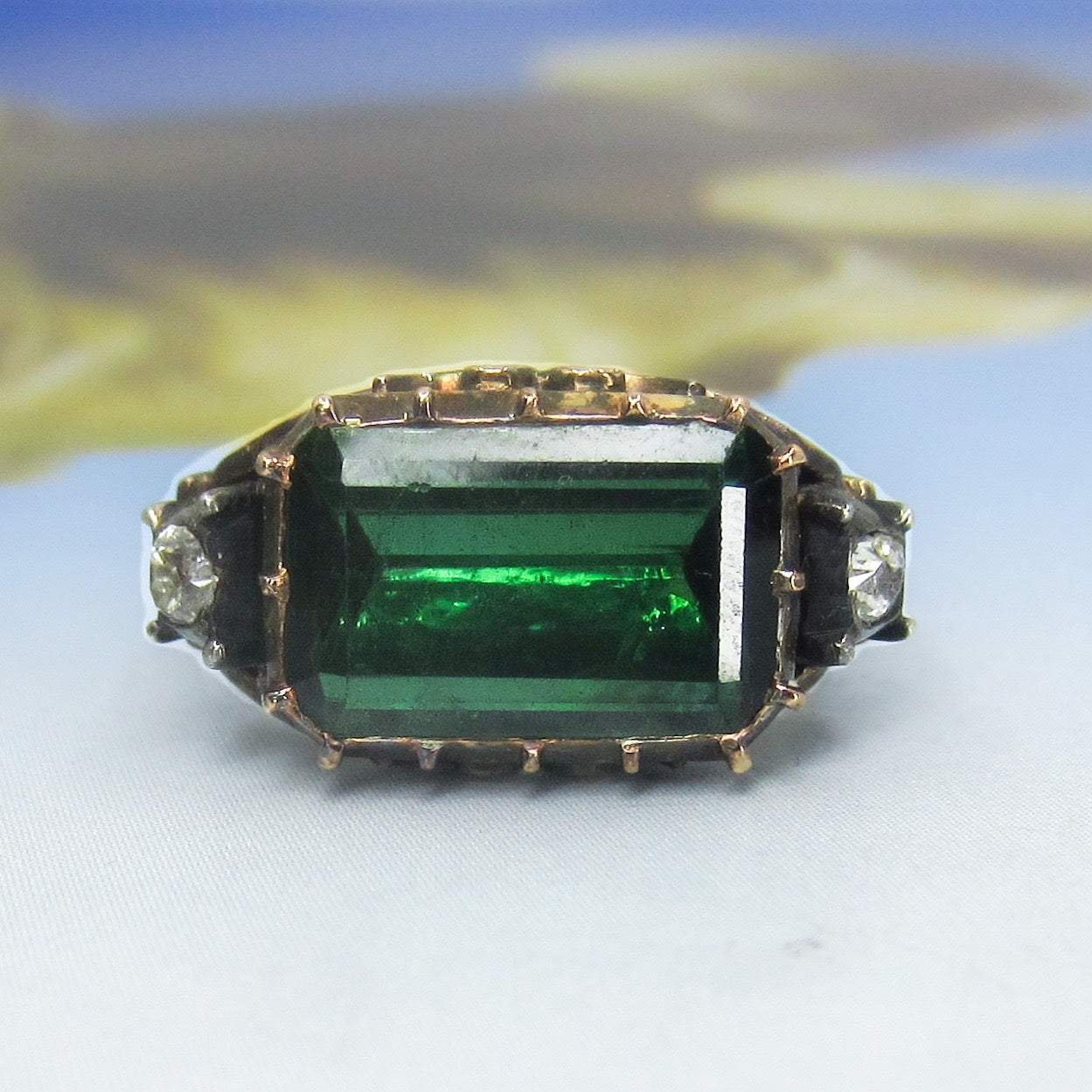 SOLD--Mid-Century Georgian Revival Tourmaline and Diamond Ring 18k c. 1940