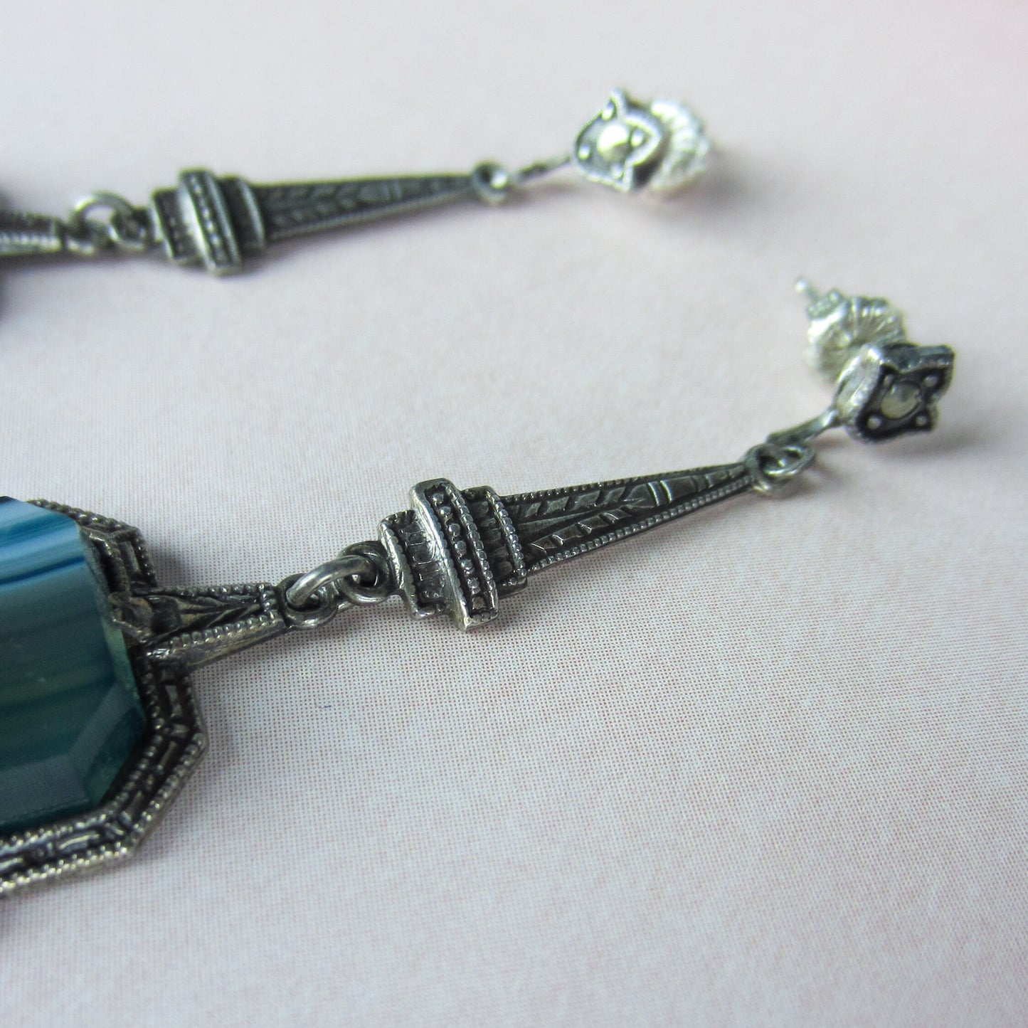 SOLD--Art Deco Banded Agate and Marcasite Earrings Sterling c. 1930