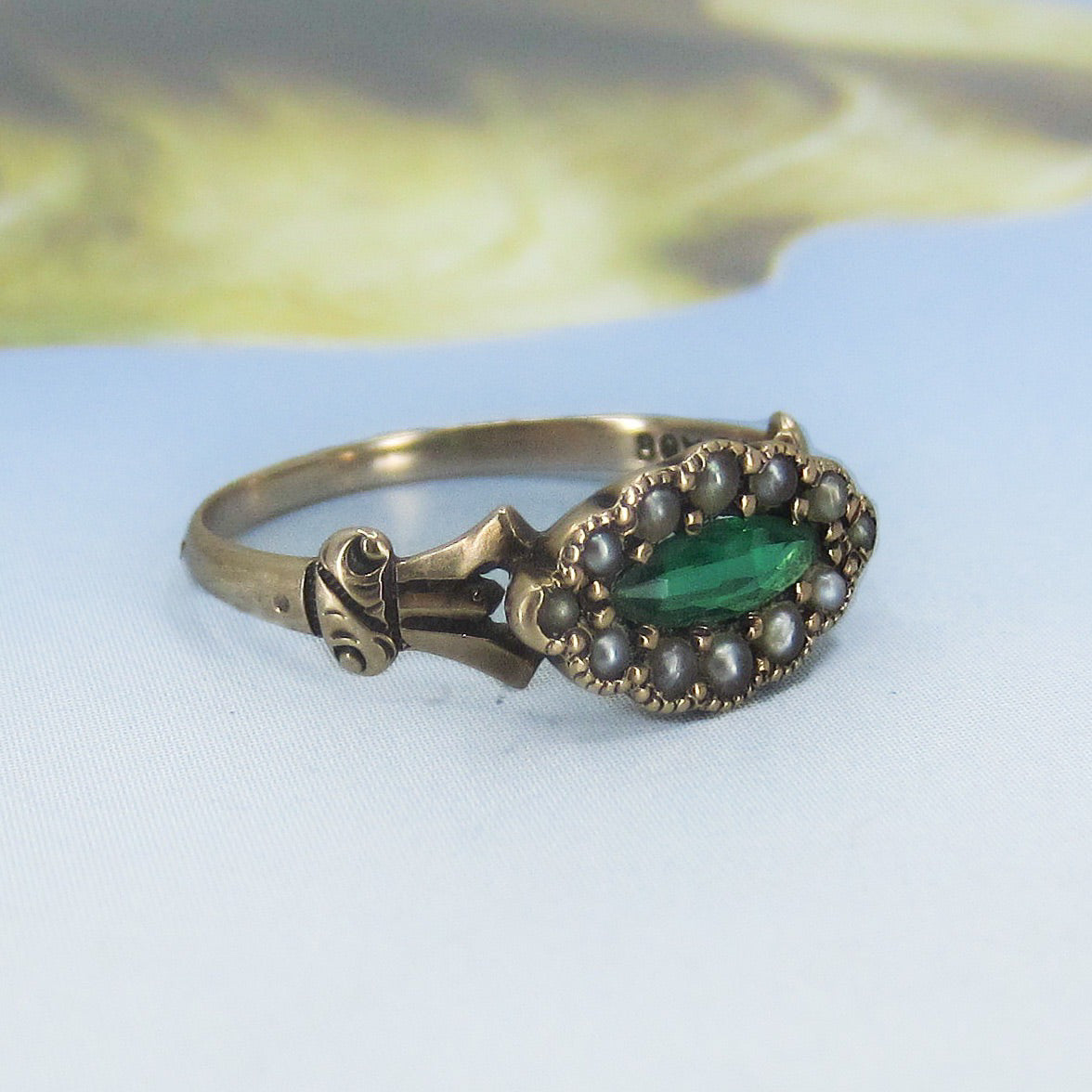 SOLD Victorian Green Glass and Seed Pearl Ring 14k c. 1880