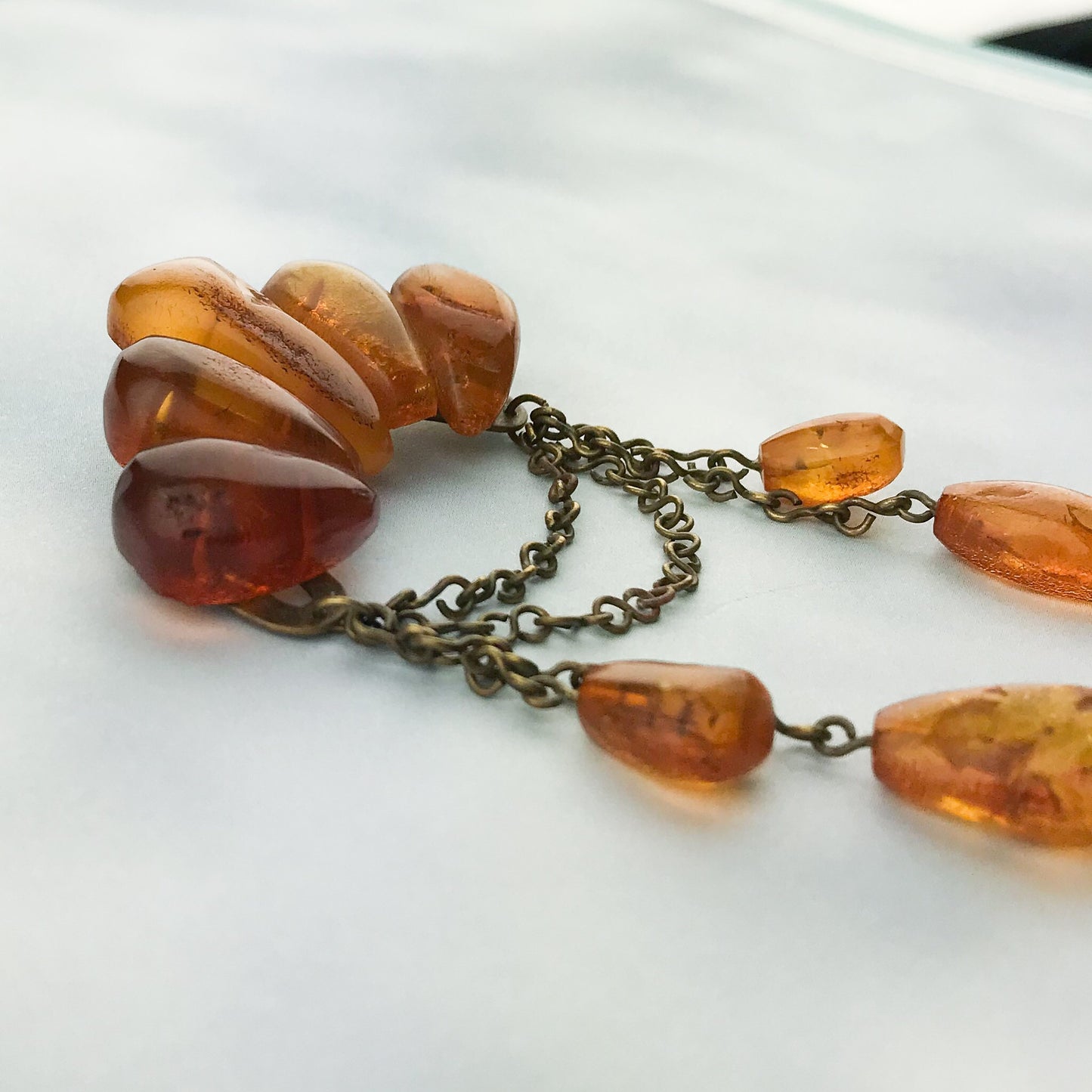 SOLD--Art Deco Amber Drop Brooch Brass c. 1930