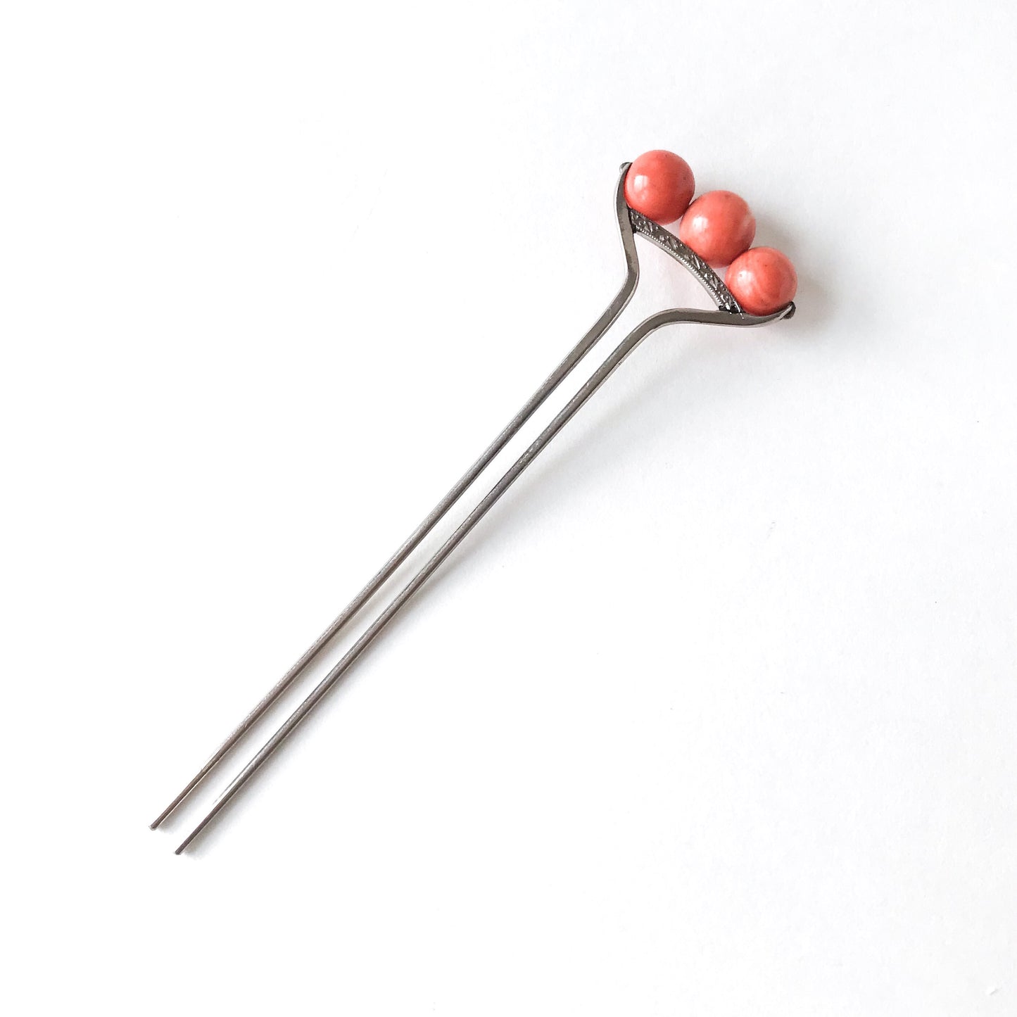 SOLD--Art Deco Coral Hair Pin Silver, in Original Box c. 1920